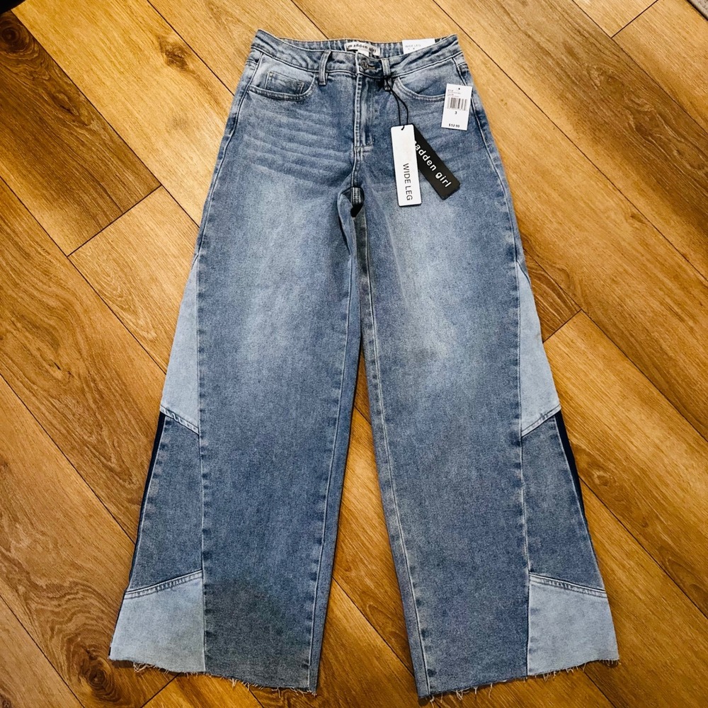 Madden Girl Wide Leg Patchwork Jeans Medium Wash Blue Denim AB0094WDCDBO Size 3